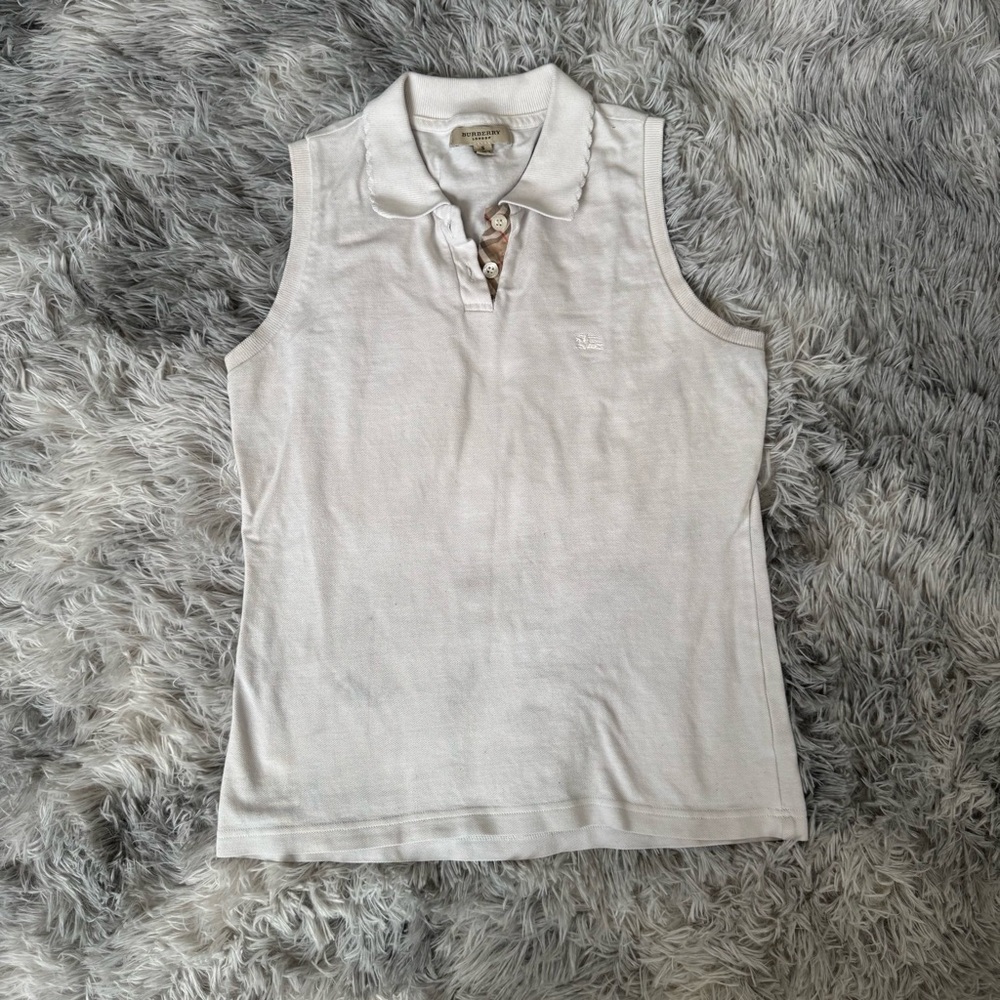 Burberry XS White Sleeveless Scalloped Collar Cotton Blend Polo